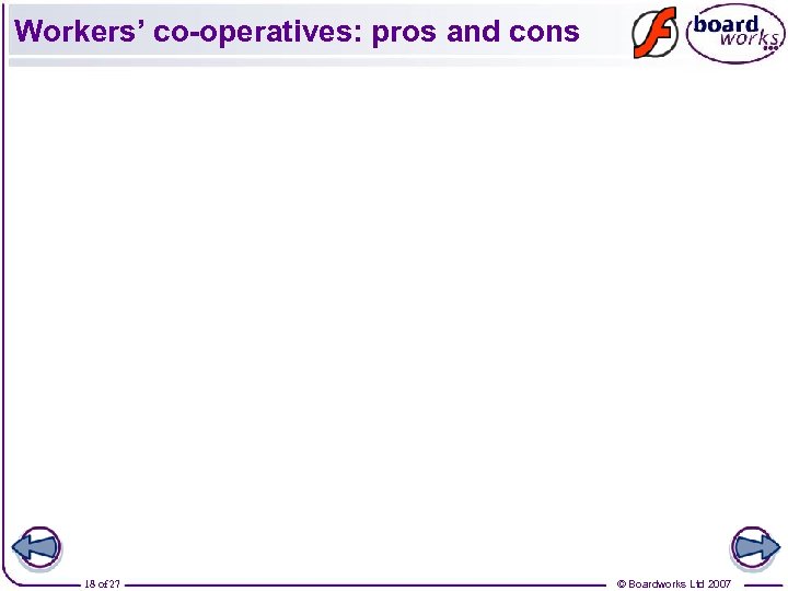 Workers’ co-operatives: pros and cons 18 of 27 © Boardworks Ltd 2007 