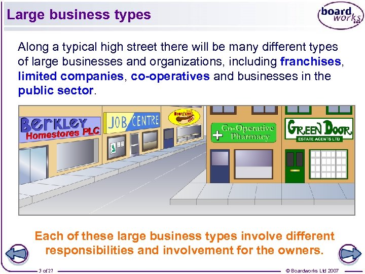 Large business types Along a typical high street there will be many different types