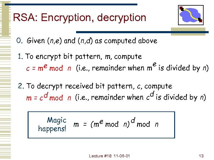 RSA: Encryption, decryption 0. Given (n, e) and (n, d) as computed above 1.