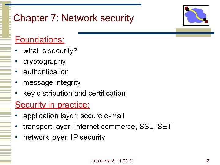 Chapter 7: Network security Foundations: • • • what is security? cryptography authentication message