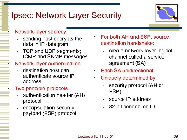 Ipsec: Network Layer Security • Network-layer secrecy: • For both AH and ESP, source,