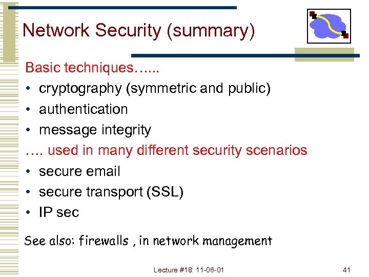 Network Security (summary) Basic techniques…. . . • cryptography (symmetric and public) • authentication