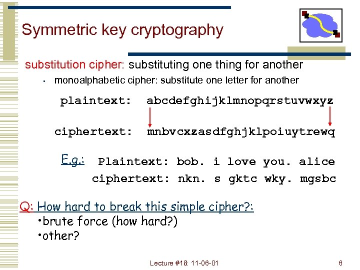 Symmetric key cryptography substitution cipher: substituting one thing for another • monoalphabetic cipher: substitute