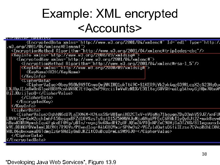 Example: XML encrypted <Accounts> 38 “Developing Java Web Services”, Figure 13. 9 