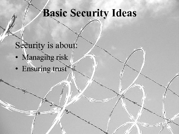 Basic Security Ideas Security is about: • Managing risk • Ensuring trust 