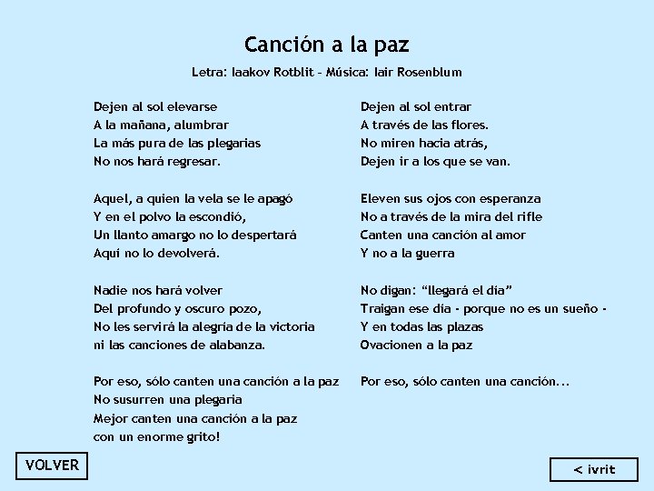 Canción a la paz Letra: Iaakov Rotblit – Música: Iair Rosenblum Dejen al sol