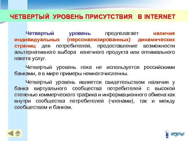 ЧЕТВЕРТЫЙ УРОВЕНЬ ПРИСУТСТВИЯ В INTERNET Четвертый уровень предполагает наличие индивидуальных (персонализированных) динамических страниц для
