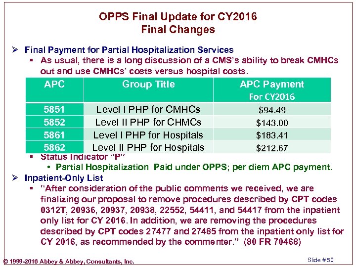 OPPS Final Update for CY 2016 Final Changes Ø Final Payment for Partial Hospitalization