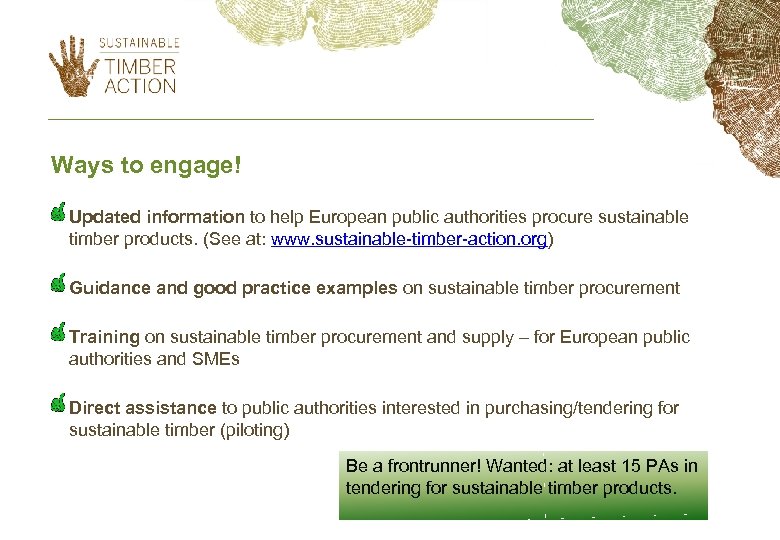 Ways to engage! Updated information to help European public authorities procure sustainable timber products.