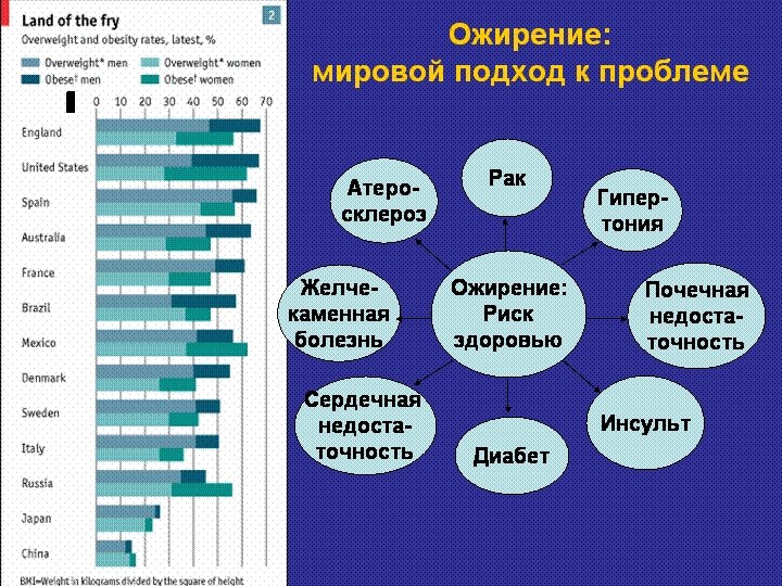 Ожирение: мировой подход к проблеме Атеросклероз Желчекаменная болезнь Сердечная недостаточность Рак Ожирение: Риск здоровью