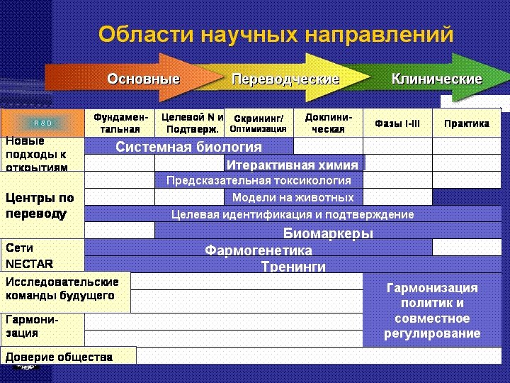 Области научных направлений Основные R&D Новые подходы к открытиям Фундаментальная Переводческие Целевой N и