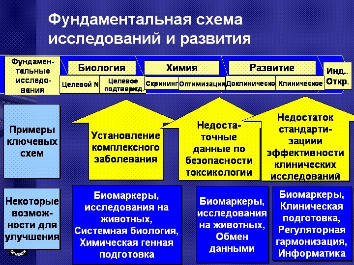 Фундаментальная схема исследований и развития Фундамен. Биология Химия Развитие тальные Инд. . исследо- Целевой