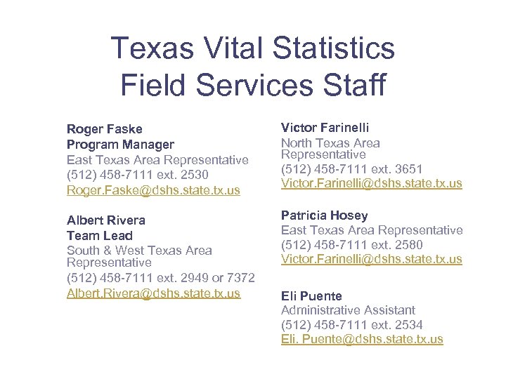 Texas Vital Statistics Field Services Staff Roger Faske Program Manager East Texas Area Representative