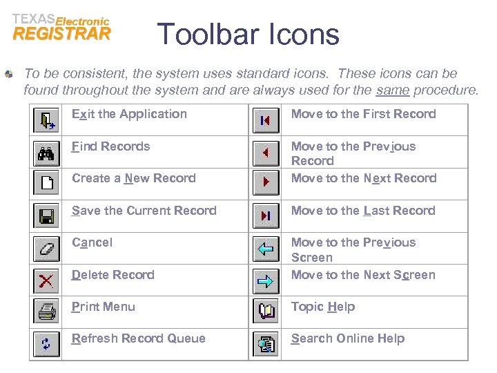 Toolbar Icons To be consistent, the system uses standard icons. These icons can be