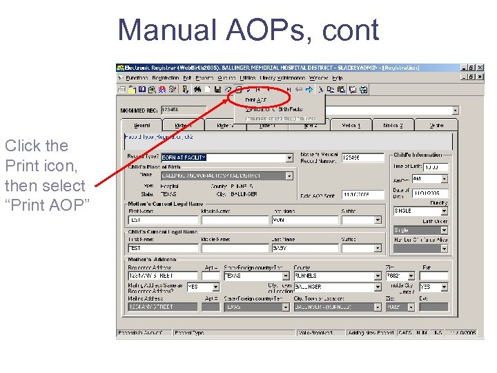 Manual AOPs, cont Click the Print icon, then select “Print AOP” 