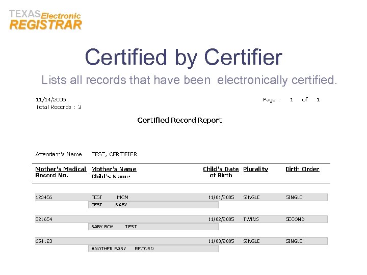 Certified by Certifier Lists all records that have been electronically certified. 