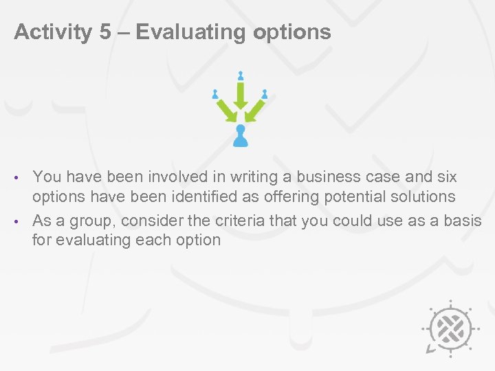 Activity 5 – Evaluating options You have been involved in writing a business case