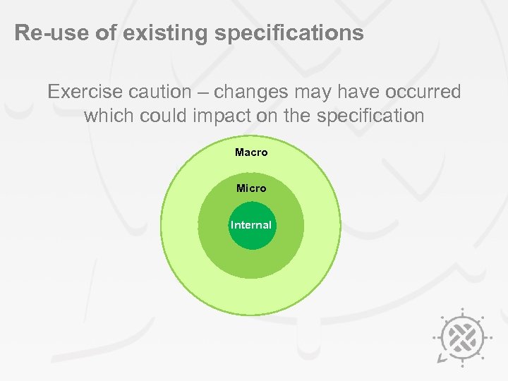 Re-use of existing specifications Exercise caution – changes may have occurred which could impact