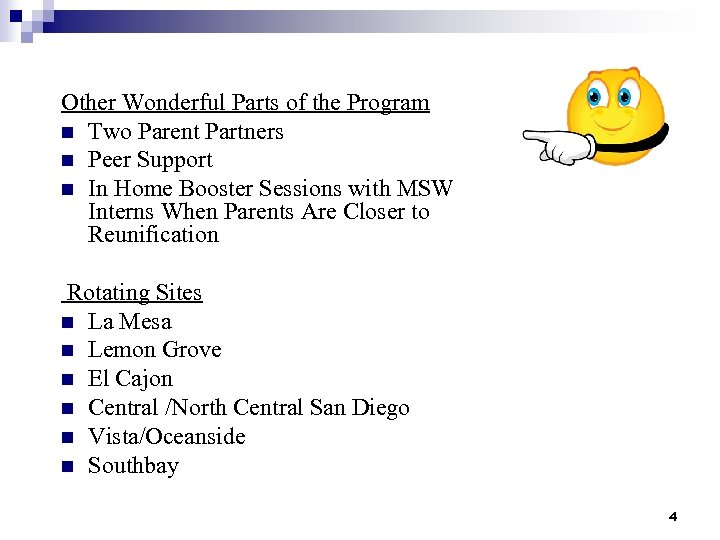 Other Wonderful Parts of the Program n Two Parent Partners n Peer Support n