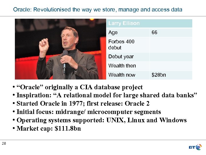 Oracle: Revolutionised the way we store, manage and access data Larry Ellison Age 66