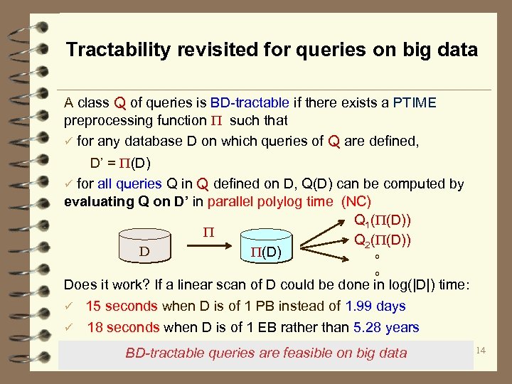 Tractability revisited for queries on big data A class Q of queries is BD-tractable