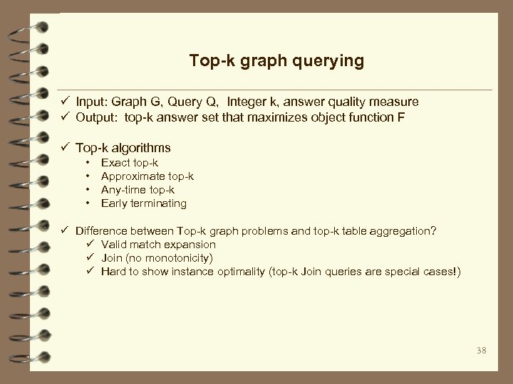 Top-k graph querying ü Input: Graph G, Query Q, Integer k, answer quality measure