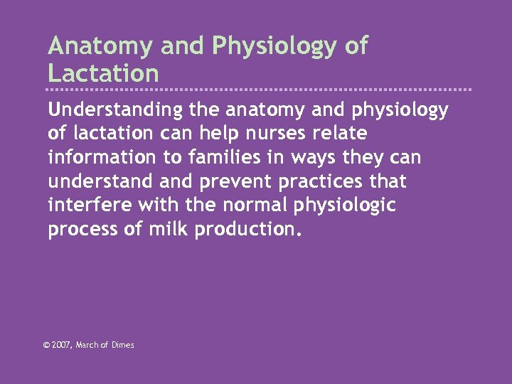 Anatomy and Physiology of Lactation Understanding the anatomy and physiology of lactation can help