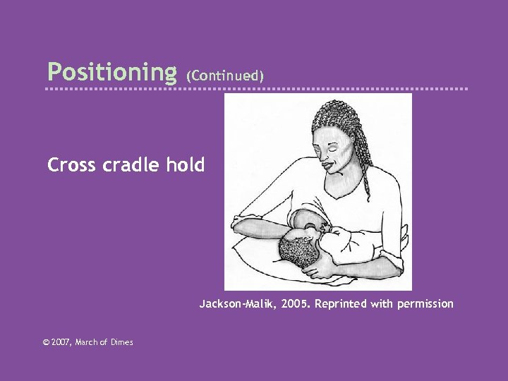 Positioning (Continued) Cross cradle hold Jackson-Malik, 2005. Reprinted with permission © 2007, March of