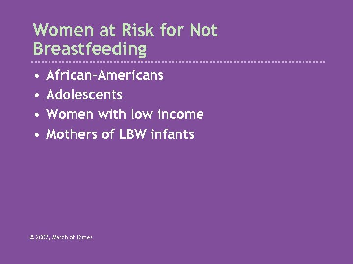 Women at Risk for Not Breastfeeding • • African-Americans Adolescents Women with low income