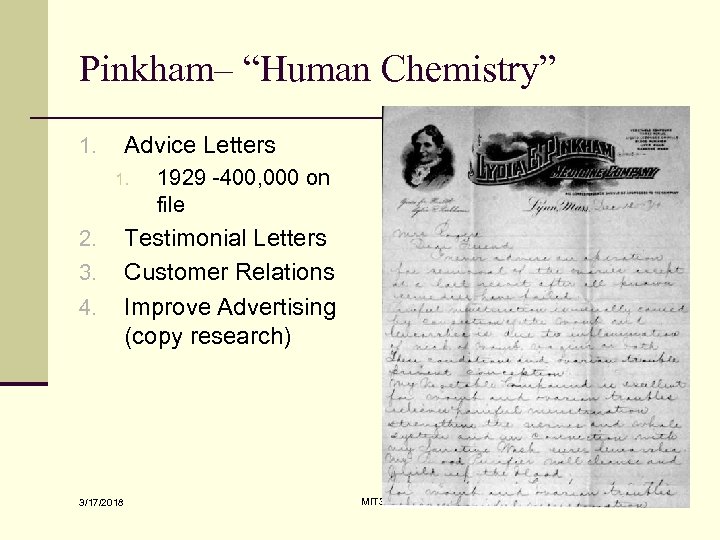 Pinkham– “Human Chemistry” Advice Letters 1. 2. 3. 4. 3/17/2018 1929 -400, 000 on