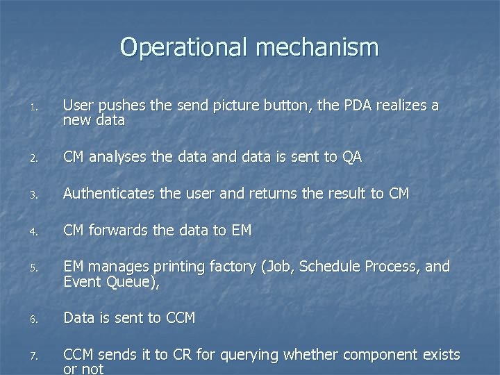 Operational mechanism 1. User pushes the send picture button, the PDA realizes a new
