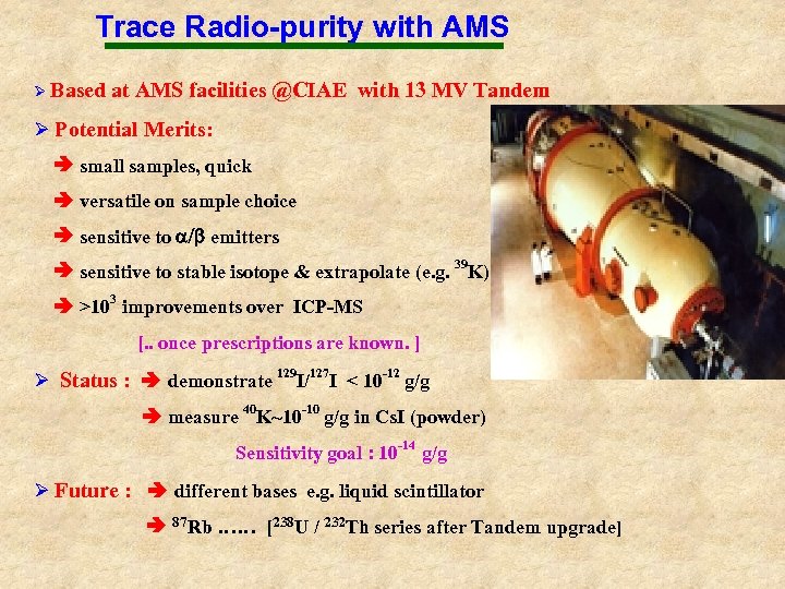 Trace Radio-purity with AMS Ø Based at AMS facilities @CIAE with 13 MV Tandem
