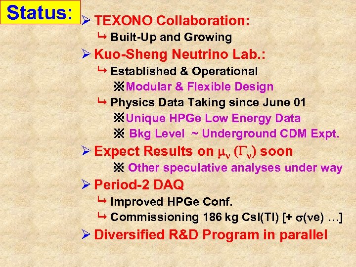 Status: Ø TEXONO Collaboration: Built-Up and Growing Ø Kuo-Sheng Neutrino Lab. : Established &