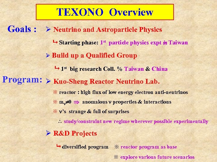 TEXONO Overview Goals : Ø Neutrino and Astroparticle Physics Starting phase: 1 st particle
