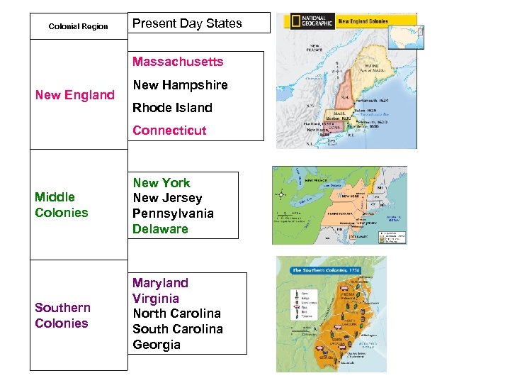 Colonial Region Present Day States Massachusetts New England New Hampshire Rhode Island Connecticut Middle