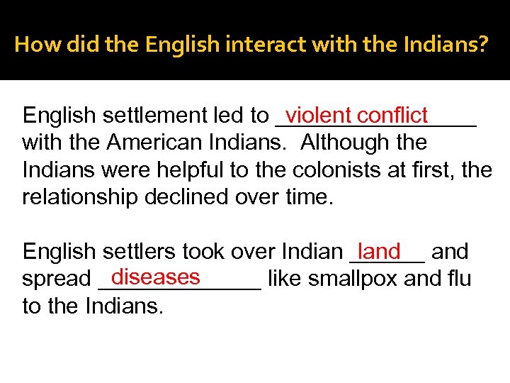 How did the English interact with the Indians? English settlement led to ________ violent