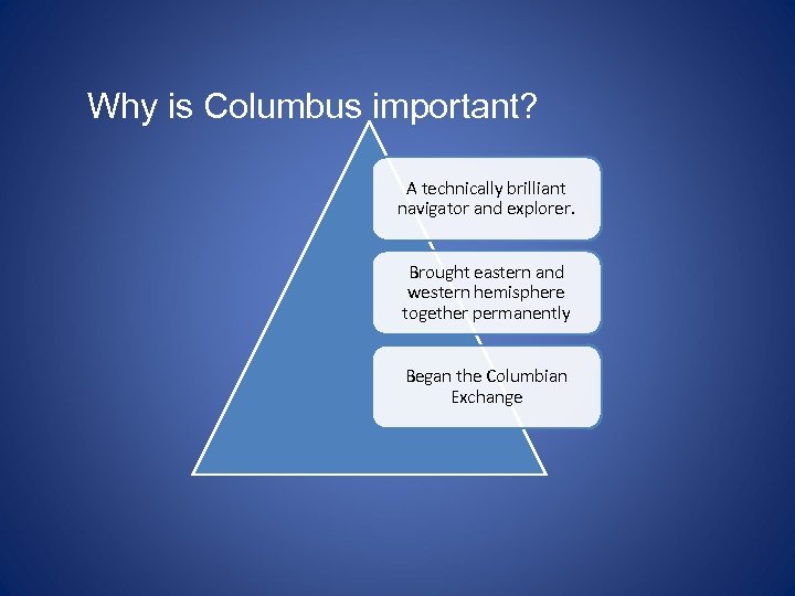 Why is Columbus important? A technically brilliant navigator and explorer. Brought eastern and western