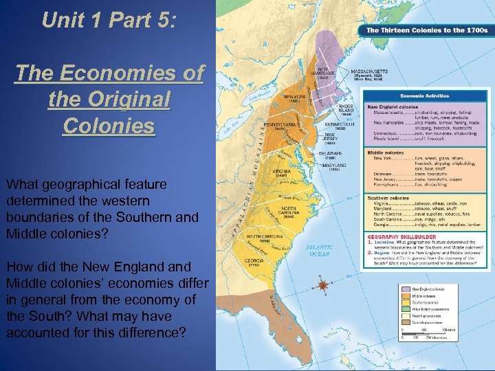 Unit 1 Part 5: The Economies of the Original Colonies What geographical feature determined