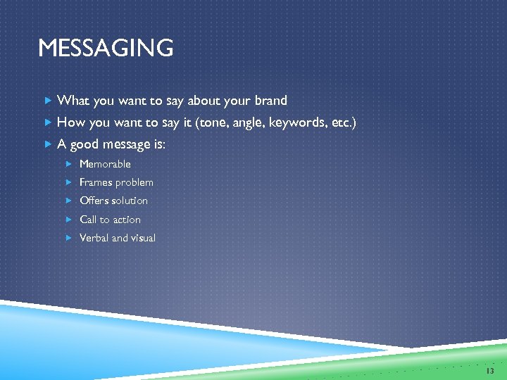 MESSAGING What you want to say about your brand How you want to say