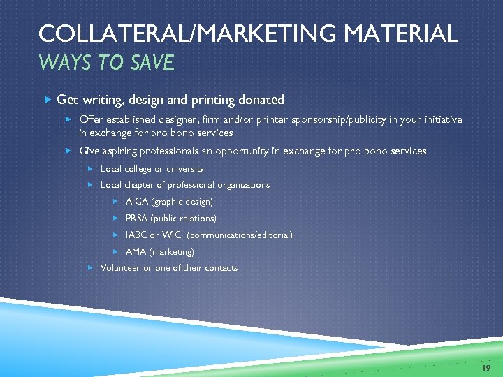 COLLATERAL/MARKETING MATERIAL WAYS TO SAVE Get writing, design and printing donated Offer established designer,