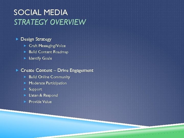 SOCIAL MEDIA STRATEGY OVERVIEW Design Strategy Craft Messaging/Voice Build Content Roadmap Identify Goals Create