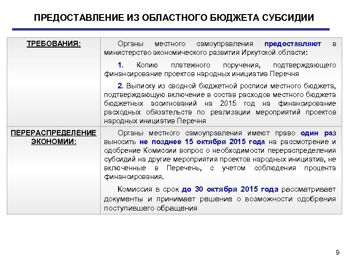 ПРЕДОСТАВЛЕНИЕ ИЗ ОБЛАСТНОГО БЮДЖЕТА СУБСИДИИ ТРЕБОВАНИЯ: Органы местного самоуправления предоставляют министерство экономического развития Иркутской