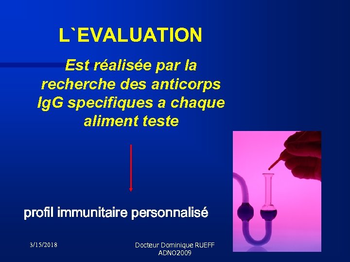 L`EVALUATION Est réalisée par la recherche des anticorps Ig. G specifiques a chaque aliment