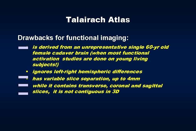 Talairach Atlas Drawbacks for functional imaging: • is derived from an unrepresentative single 60