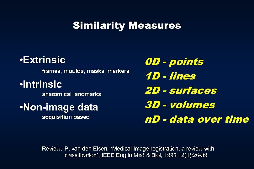 Similarity Measures • Extrinsic frames, moulds, masks, markers • Intrinsic anatomical landmarks • Non-image