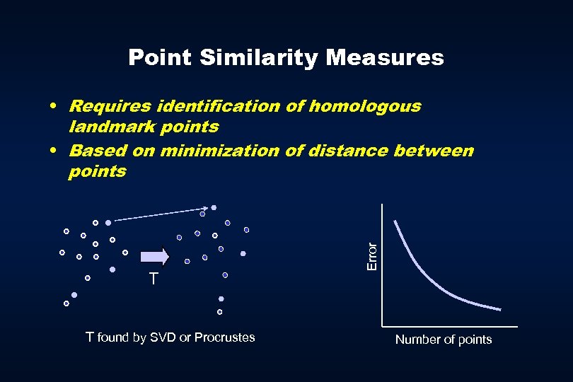 Point Similarity Measures T T found by SVD or Procrustes Error • Requires identification