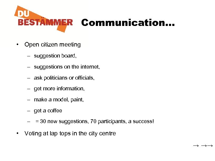 Communication… • Open citizen meeting – suggestion board, – suggestions on the internet, –