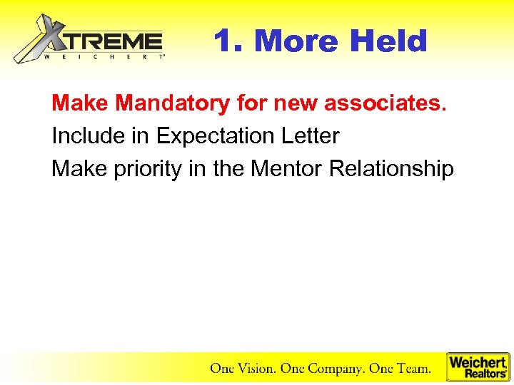 1. More Held Make Mandatory for new associates. Include in Expectation Letter Make priority