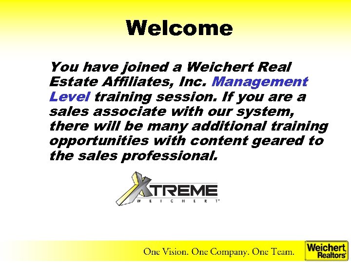 Welcome You have joined a Weichert Real Estate Affiliates, Inc. Management Level training session.