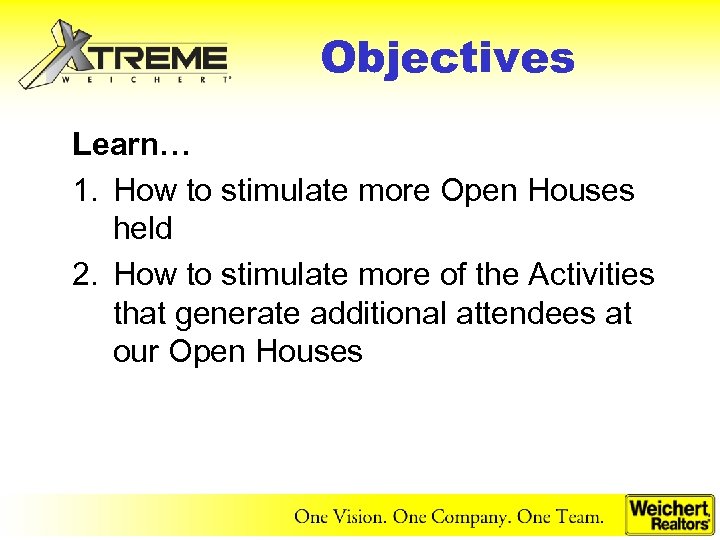 Objectives Learn… 1. How to stimulate more Open Houses held 2. How to stimulate